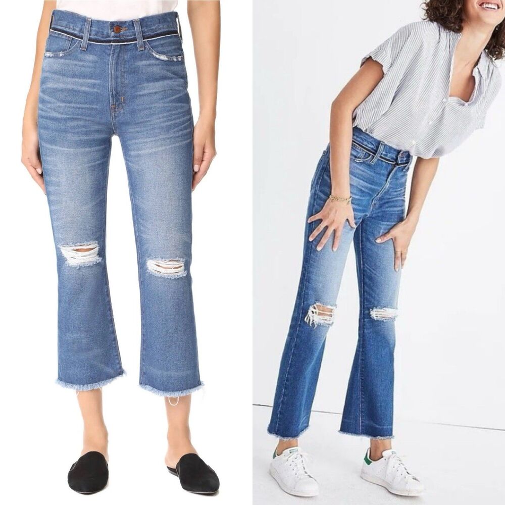 Madewell Jeans Retro Crop Bootcut Knee Rip Edition Sz 24 high rise fray hem Blue